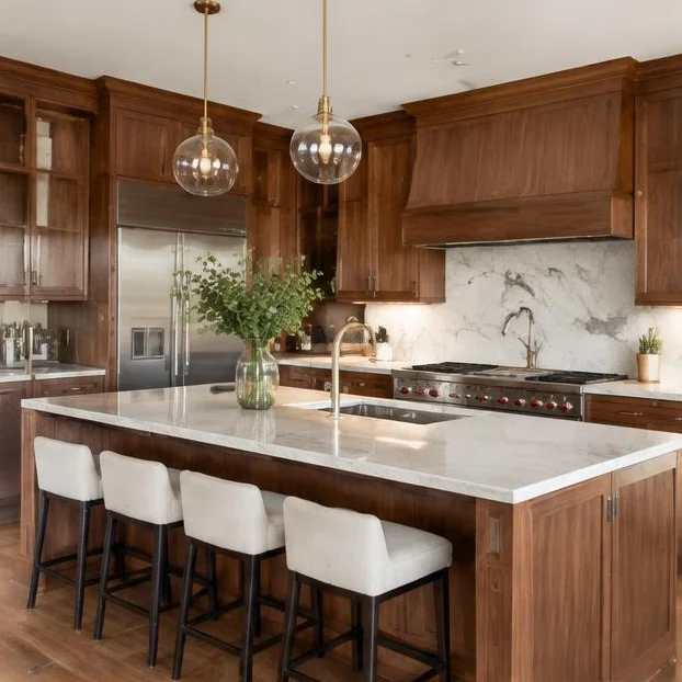 Completed kitchen renovation with custom cabinetry and quartz countertops by a professional general contractor.