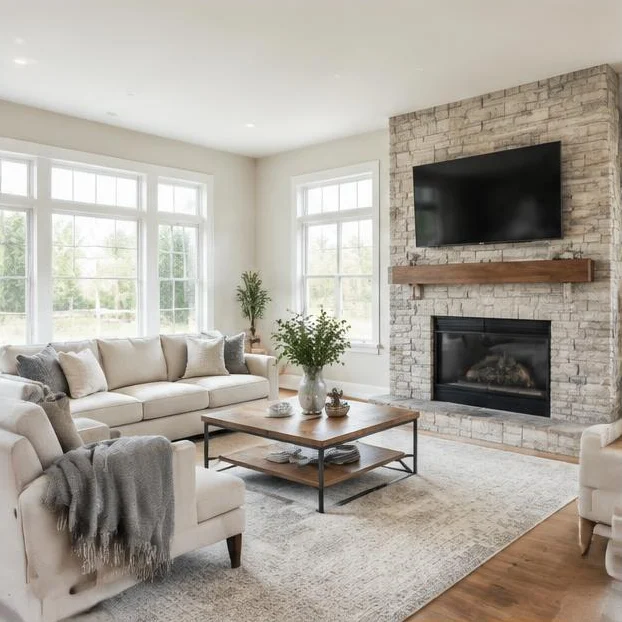 Completed living room renovation with hardwood flooring and a stone fireplace.