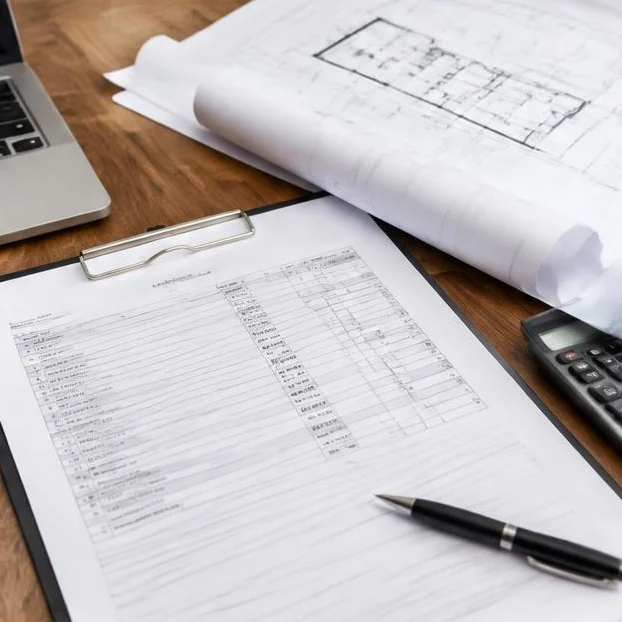 Itemized construction estimate and architectural drawings on a desk.