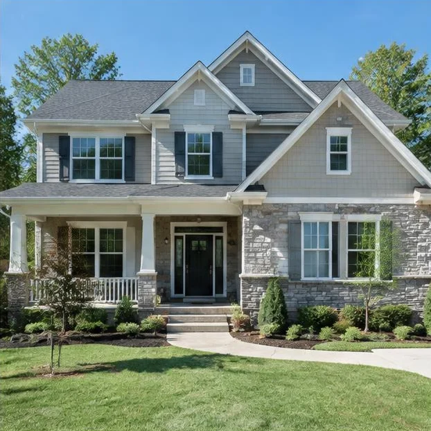 Renovated suburban home with fresh siding and a landscaped front yard.