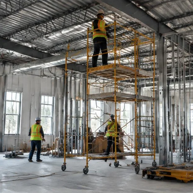 Commercial construction site interior showing scaffolding and organized work in progress.