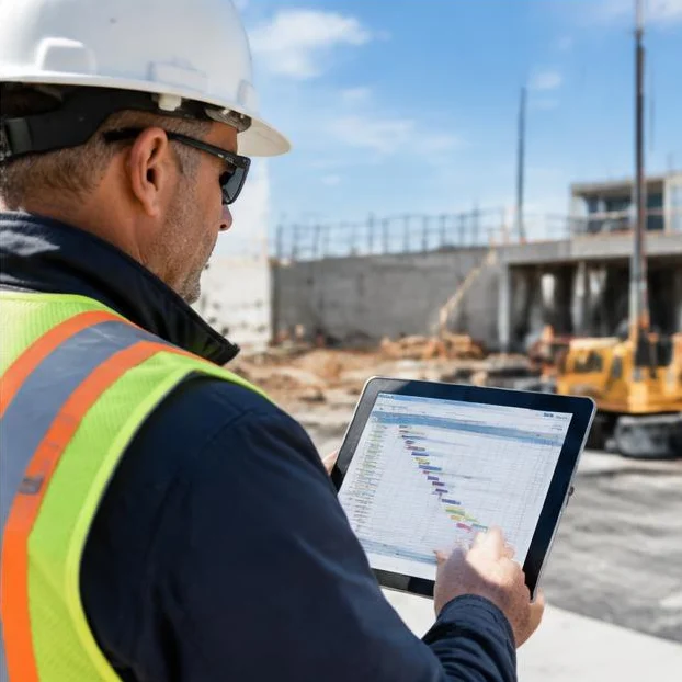 Project manager reviewing a construction schedule on a tablet during an active build.