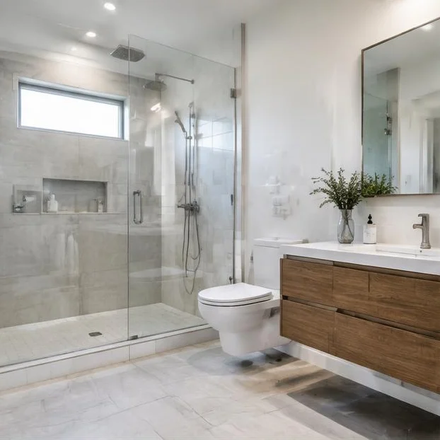 Completed bathroom remodel with large-format tile, frameless glass shower, and modern fixtures.