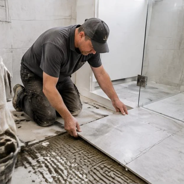 Tile installer laying stone tile on a bathroom floor during a professional remodel.