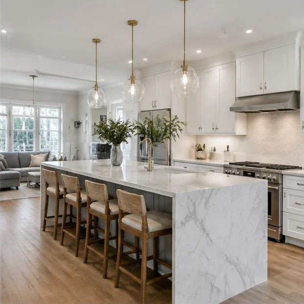Finished kitchen remodel with white shaker cabinets, waterfall quartz island, and pendant lighting.