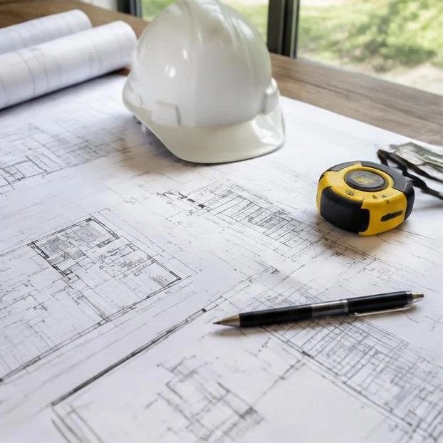 Construction drawings with a hard hat and measuring tape.