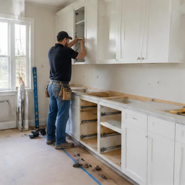 Carpenter installing cabinetry during a home renovation.