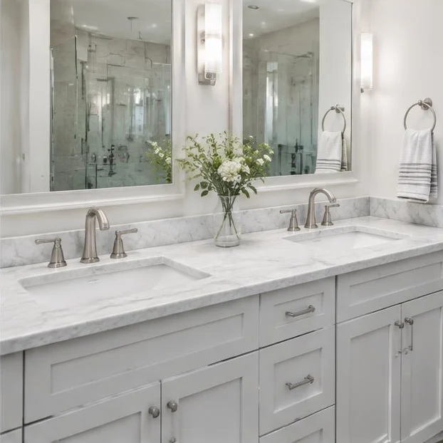 Completed bathroom vanity with stone countertops and wall mirrors.