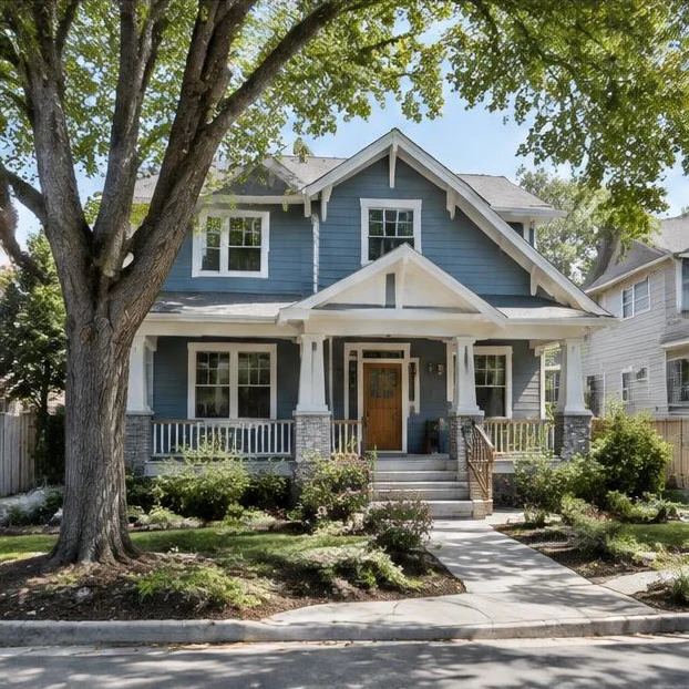Renovated craftsman home exterior on a tree-lined street in an Arlington, Virginia neighborhood.