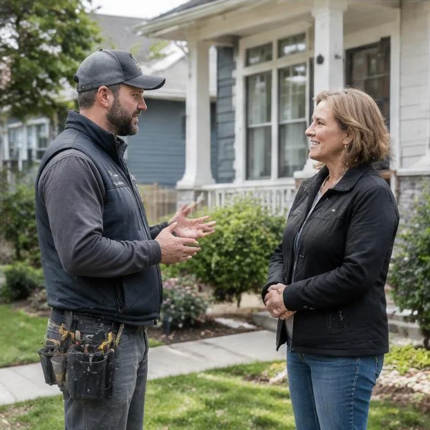 Remodeler consulting with a homeowner outside a suburban house.