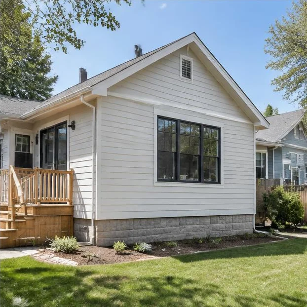 Completed residential addition with new siding and large windows.