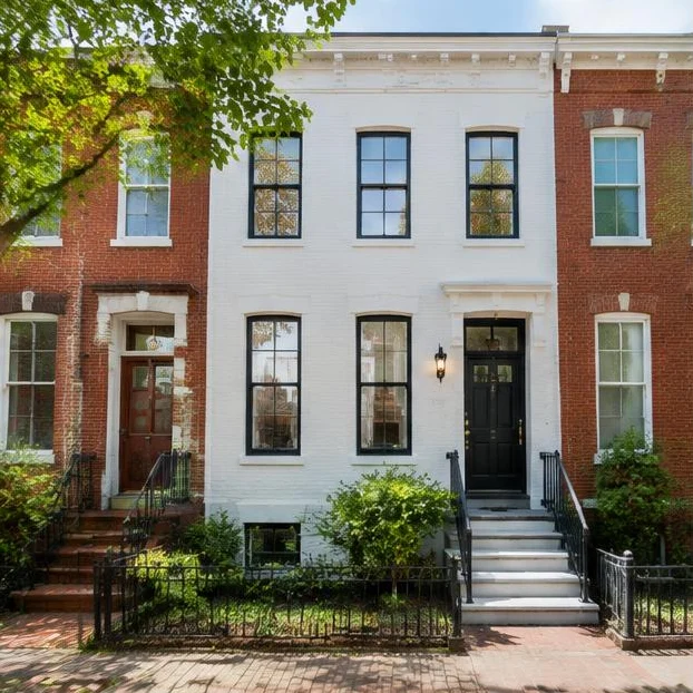 Renovated brick rowhouse on a residential street in Washington, DC with fresh exterior finishes.
