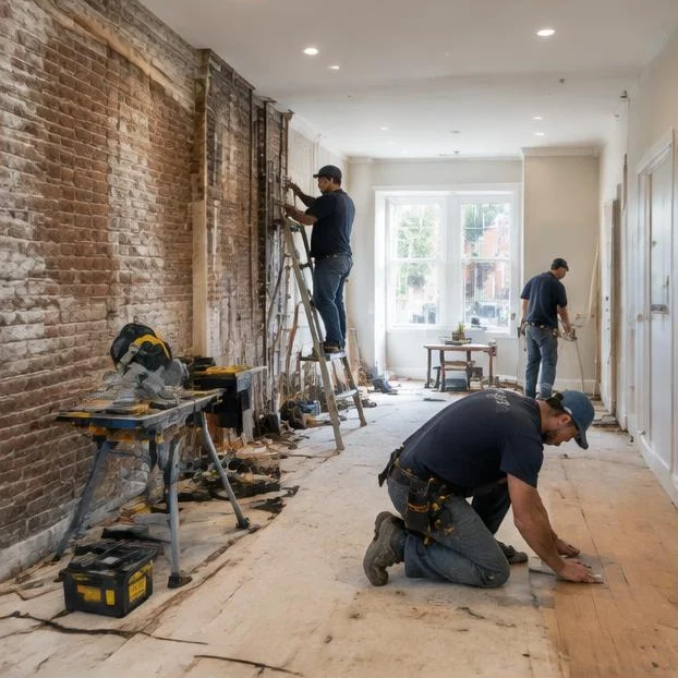 Workers renovating a brick rowhouse interior.