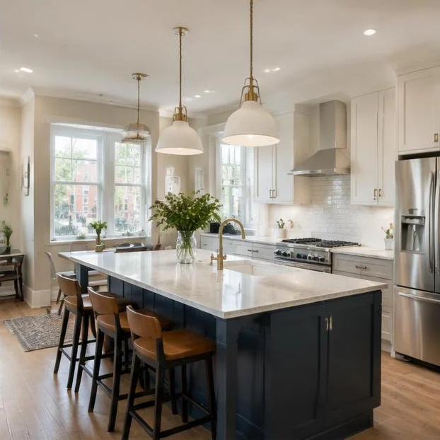 Completed townhouse kitchen with white cabinetry and an island.