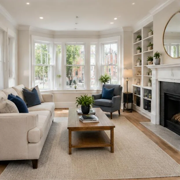 Finished residential living room renovation with natural light and hardwood flooring.