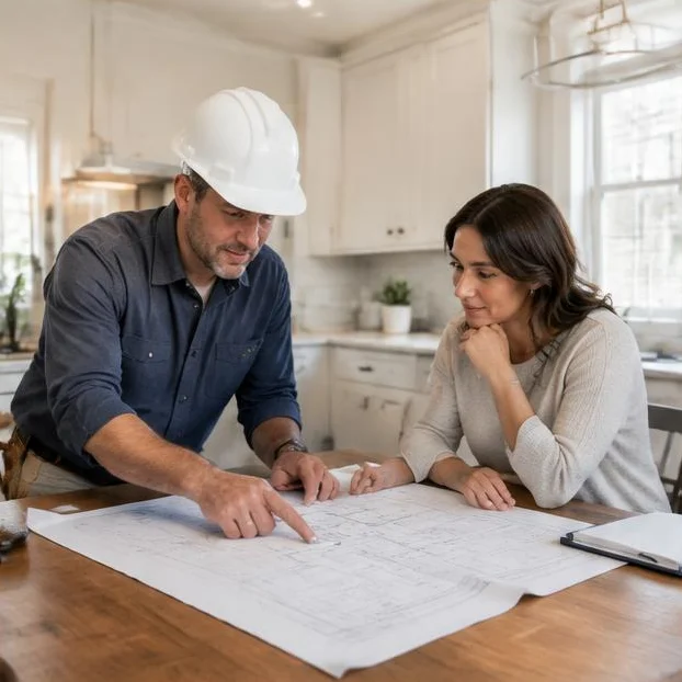 Contractor reviewing construction blueprints with a homeowner at a kitchen table.