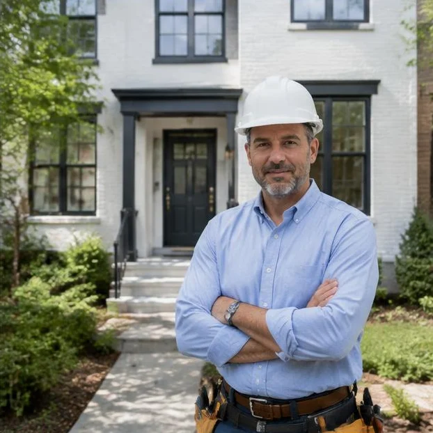 Professional general contractor standing in front of a completed home renovation in Arlington, Virginia.