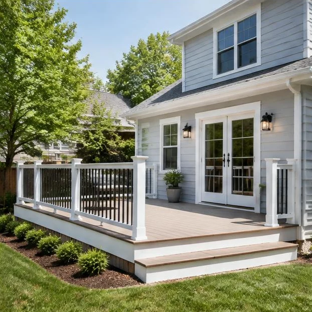 Finished residential deck and siding with a clean exterior.
